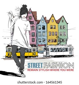 Vector illustration of a pretty fashion girl and old tram.