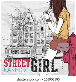 Vector illustration of a pretty fashion girl and old tram.