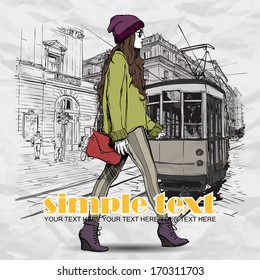 Vector illustration of a pretty fashion girl and old tram.