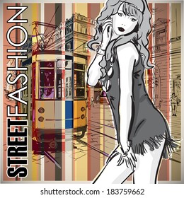 Vector illustration of a pretty fashion girl and old tram.