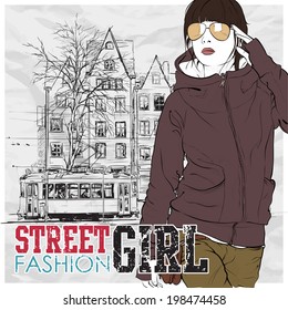 Vector illustration of a pretty fashion girl and old tram.