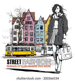 Vector illustration of a pretty fashion girl and old tram.