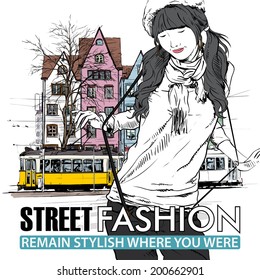 Vector illustration of a pretty fashion girl and old tram.