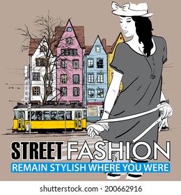 Vector illustration of a pretty fashion girl and old tram.