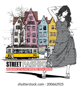 Vector illustration of a pretty fashion girl and old tram.