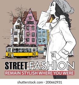 Vector illustration of a pretty fashion girl and old tram.