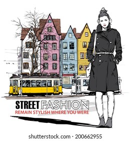 Vector illustration of a pretty fashion girl and old tram.