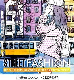 Vector illustration of a pretty fashion girl and old tram. Hand drawn + watercolor background.