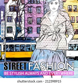 Vector illustration of a pretty fashion girl and old tram. Hand drawn + watercolor background.