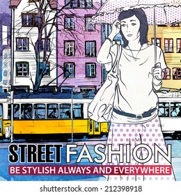Vector illustration of a pretty fashion girl and old tram. Hand drawn + watercolor background.