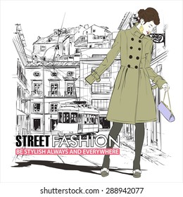 Vector illustration of a pretty fashion girl and old tram.