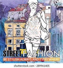 Vector illustration of a pretty fashion girl and old tram. Hand drawn + watercolor background.