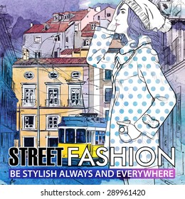 Vector illustration of a pretty fashion girl and old tram. Hand drawn + watercolor background.