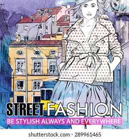Vector illustration of a pretty fashion girl and old tram. Hand drawn + watercolor background.