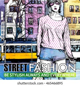 Vector illustration of a pretty fashion girl and old tram. Hand drawn + watercolor background.