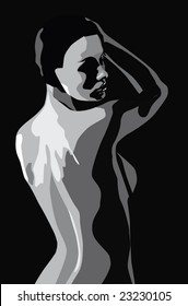 Vector illustration of pretty female model in black and white