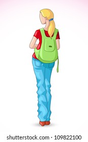 vector illustration of pretty female student with bag