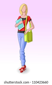vector illustration of pretty female student with bag