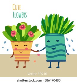 Vector illustration with pretty flowers in pots