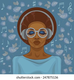 vector illustration of a pretty girl with an afro hairstyle with big glasses listening to music with headphones on a blue background with roses and notes