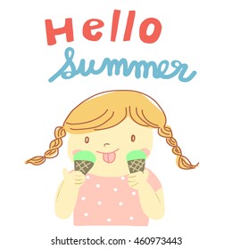 vector illustration - pretty girl with braid licking sherbet & lime ice cream cones. Enjoying summertime by eating delicious ice cream. Hello Summer card. 