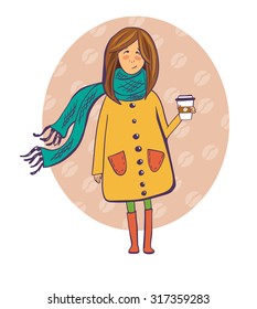 Vector illustration of a pretty girl in a cute yellow coat with take away coffee cup. Cute isolated girl drawn in doodle style with violet outline and bright colors. Oval background with coffee beans.
