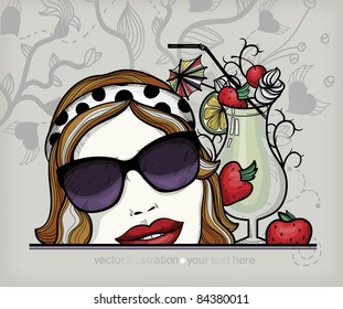 vector illustration of a pretty girl in dark sunglasses and  a  cocktail decorated with fruits and berries