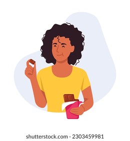 Vector illustration of a pretty girl eating delicious chocolate. Cartoon scene with a curly-haired, smiling girl holding a bar of chocolate and a piece of chocolate isolated on a white background.