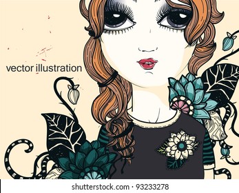 vector illustration of a pretty girl with fantasy blooming flowers