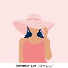 Ilustración vectorial de una linda chica con sombrero. Hola verano. Chica con vestido de verano. Hora de verano. 