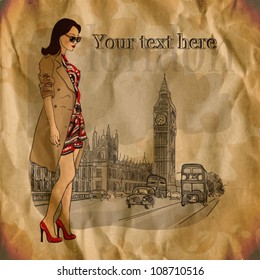 vector illustration of a pretty girl  in london. vintage style. eps10
