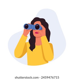 Vector illustration of a pretty girl looking through binoculars. Cartoon scene of a curly-haired girl with pink lipstick on her lips, wearing a yellow t-shirt and looking through blue binoculars.