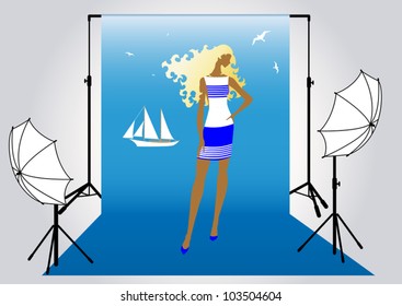 vector illustration of a pretty girl model  in the studio for photo shoot in marine style