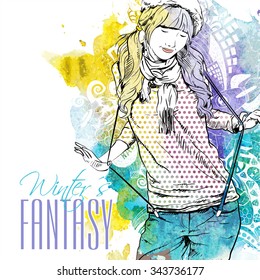 Vector illustration of a pretty girl on a background with watercolor blot. Vector collection.