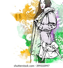 Vector illustration of a pretty girl on a background with watercolor blot. Vector collection.