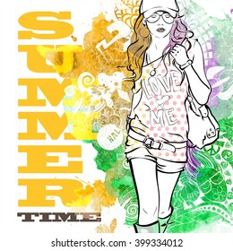 Vector illustration of a pretty girl on a background with watercolor blot. Vector collection.