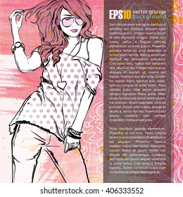 Vector illustration of a pretty girl on a background with watercolor blot. Place for text. Vector collection.