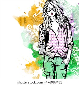 Vector illustration of a pretty girl on a background with watercolor blot. Vector collection.