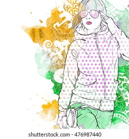 Vector illustration of a pretty girl on a background with watercolor blot. Vector collection.