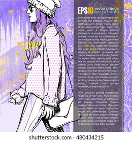 Vector illustration of a pretty girl on a background with watercolor blot. Place for text. Vector collection.