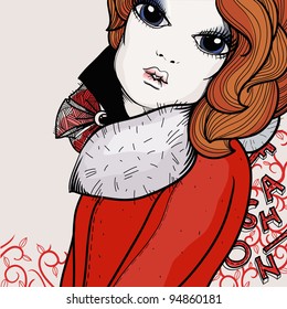 vector illustration of a pretty girl in a red coat with a fashion neck piece