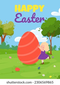 Vector illustration of pretty girl rolls a huge painted Easter egg across the spring lawn. Great Happy Easter background for decoration, banner, flyer postcards design.
