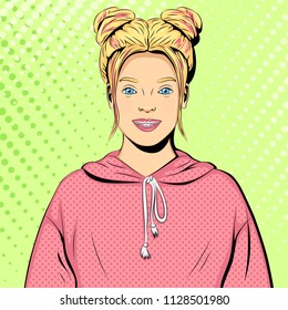 Vector illustration of Pretty Girl teenager smiles in braces in pop-art style