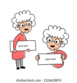 vector illustration of a pretty grandmother with gray hair in a pink jacket and glasses. beautiful kind grandmother holding a sign for your text