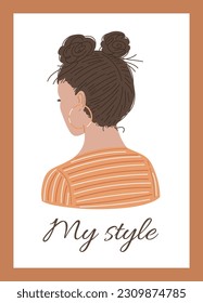 Vector illustration of pretty hairstyle of a lady with brunette, brown hair pulled up and tied in two balls, back view. Beauty fashion salon concept on white background with frame and title