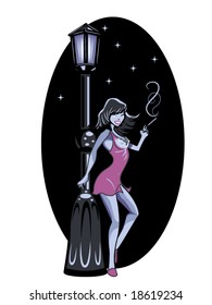 vector illustration of a pretty hooker under a streetlamp at night