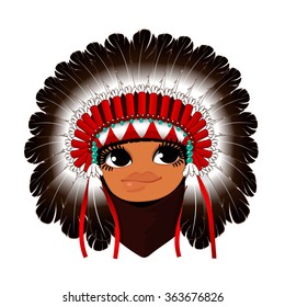 vector illustration Pretty Indian GIRL war bonnet isolated on white background. BROWN RED WHITE BLUE TURQUOISE crown diadem head wreath halo decoration headband