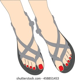 vector illustration of pretty legs with bright nails in a fashion summer shoes