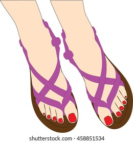 vector illustration of pretty legs with bright nails in a fashion summer shoes