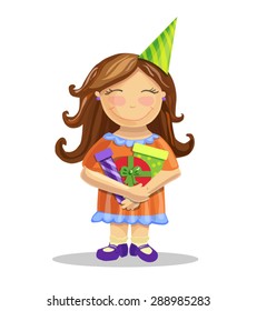 Vector illustration of a pretty little brown-haired girl with bright tasty gift boxes and party hat. Smiling child in a cute orange dress.